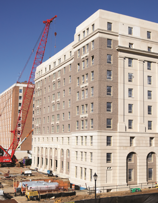 The renovation of Frazer Hall (foreground) is about 50 percent complete. Adjoining Curry Hall will receive the same treatment. 