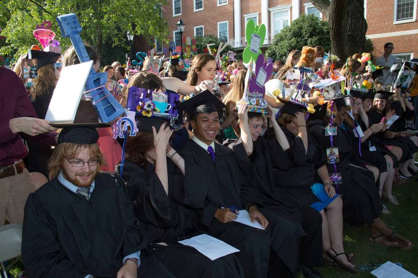 During Convocation, seniors are presented outrageously decorated mortarboards by their friends in a long-standing Longwood custom known as 