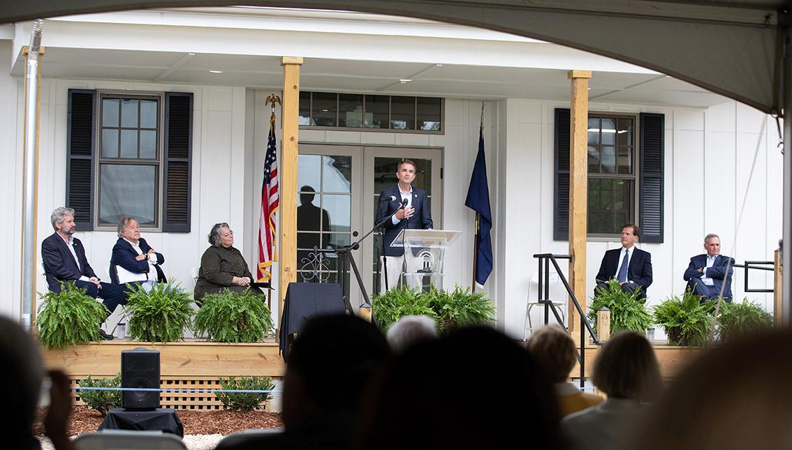 From left: Hon. Jon Baliles, son of Gov. Gerald L. Baliles; Hon. Anthony Troy, former attorney general; Rector Pia Trigiani; Gov. Ralph Northam; President W. Taylor Reveley IV; Hon. John Daniel II, former secretary of natural resources under Gov. Baliles.